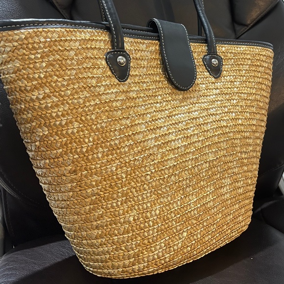 Black and Tan Raffia Straw Picnic Beach Summer Tote Bag - Picture 2 of 5